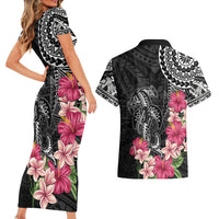 Black Polynesian Hammerhead Shark Tribal Pattern Couples Matching Short Sleeve Bodycon Dress and Hawaiian Shirt LT05 - Polynesian Pride