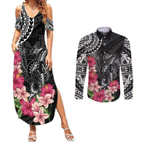 Black Polynesian Hammerhead Shark Tribal Pattern Couples Matching Summer Maxi Dress and Long Sleeve Button Shirt LT05 Black - Polynesian Pride