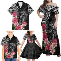 Black Polynesian Hammerhead Shark Tribal Pattern Family Matching Off Shoulder Maxi Dress and Hawaiian Shirt LT05 - Polynesian Pride
