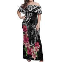 Black Polynesian Hammerhead Shark Tribal Pattern Off Shoulder Maxi Dress LT05 Women Black - Polynesian Pride