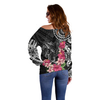 Black Polynesian Hammerhead Shark Tribal Pattern Off Shoulder Sweater