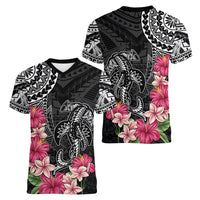 Black Polynesian Hammerhead Shark Tribal Pattern Women V-Neck T-Shirt