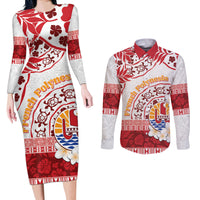French Polynesia Internal Autonomy Day Couples Matching Long Sleeve Bodycon Dress and Long Sleeve Button Shirt Tropical Hibiscus And Turtle Pattern LT05 Red - Polynesian Pride