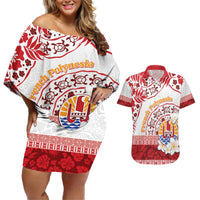 French Polynesia Internal Autonomy Day Couples Matching Off Shoulder Short Dress and Hawaiian Shirt Tropical Hibiscus And Turtle Pattern LT05 Red - Polynesian Pride