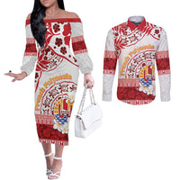 French Polynesia Internal Autonomy Day Couples Matching Off The Shoulder Long Sleeve Dress and Long Sleeve Button Shirt Tropical Hibiscus And Turtle Pattern LT05 Red - Polynesian Pride