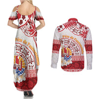 French Polynesia Internal Autonomy Day Couples Matching Summer Maxi Dress and Long Sleeve Button Shirt Tropical Hibiscus And Turtle Pattern LT05 - Polynesian Pride