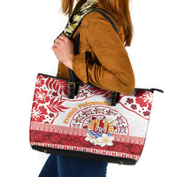 French Polynesia Internal Autonomy Day Leather Tote Bag Tropical Hibiscus And Turtle Pattern LT05 Red - Polynesian Pride
