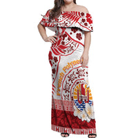 French Polynesia Internal Autonomy Day Off Shoulder Maxi Dress Tropical Hibiscus And Turtle Pattern LT05 Women Red - Polynesian Pride