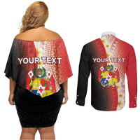 Personalised Tonga Emancipation Day Couples Matching Off Shoulder Short Dress and Long Sleeve Button Shirt Tongan Ngatu Pattern With Plumeria LT05 - Polynesian Pride