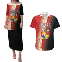Personalised Tonga Emancipation Day Couples Matching Puletasi and Hawaiian Shirt Tongan Ngatu Pattern With Plumeria LT05 Red - Polynesian Pride