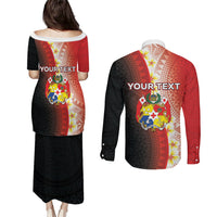 Personalised Tonga Emancipation Day Couples Matching Puletasi and Long Sleeve Button Shirt Tongan Ngatu Pattern With Plumeria LT05 - Polynesian Pride