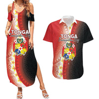 Personalised Tonga Emancipation Day Couples Matching Summer Maxi Dress and Hawaiian Shirt Tongan Ngatu Pattern With Plumeria LT05 Red - Polynesian Pride
