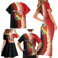 Personalised Tonga Emancipation Day Family Matching Short Sleeve Bodycon Dress and Hawaiian Shirt Tongan Ngatu Pattern With Plumeria