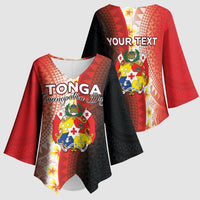 Personalised Tonga Emancipation Day Kimono Sleeve Blouse Tongan Ngatu Pattern With Plumeria LT05 - Polynesian Pride
