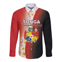 Personalised Tonga Emancipation Day Long Sleeve Button Shirt Tongan Ngatu Pattern With Plumeria LT05 Unisex Red - Polynesian Pride