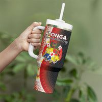 Personalised Tonga Emancipation Day Tumbler With Handle Tongan Ngatu Pattern With Plumeria LT05 - Polynesian Pride