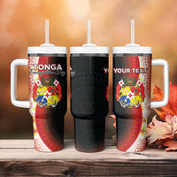Personalised Tonga Emancipation Day Tumbler With Handle Tongan Ngatu Pattern With Plumeria LT05 - Polynesian Pride