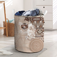 Tonga Ngatu Motifs Laundry Basket With Coat Of Arms Beige LT05 Beige - Polynesian Pride
