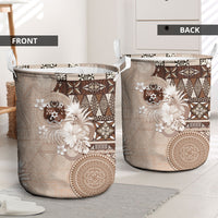 Tonga Ngatu Motifs Laundry Basket With Coat Of Arms Beige LT05 - Polynesian Pride