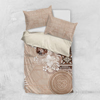 Tonga Ngatu Motifs Bedding Set With Coat Of Arms Beige LT05 US Twin 172cm x 218cm Beige - Polynesian Pride