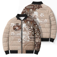 Tonga Ngatu Motifs Bomber Puffer Jacket With Coat Of Arms Beige LT05 - Polynesian Pride