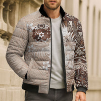 Tonga Ngatu Motifs Bomber Puffer Jacket With Coat Of Arms Beige LT05 - Polynesian Pride