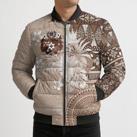 Tonga Ngatu Motifs Bomber Puffer Jacket With Coat Of Arms Beige LT05 - Polynesian Pride