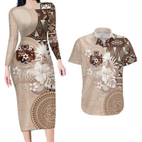 Tonga Ngatu Motifs Couples Matching Long Sleeve Bodycon Dress and Hawaiian Shirt With Coat Of Arms Beige