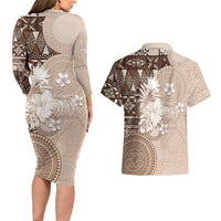 Tonga Ngatu Motifs Couples Matching Long Sleeve Bodycon Dress and Hawaiian Shirt With Coat Of Arms Beige