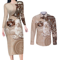 Tonga Ngatu Motifs Couples Matching Long Sleeve Bodycon Dress and Long Sleeve Button Shirt With Coat Of Arms Beige