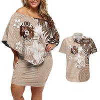 Tonga Ngatu Motifs Couples Matching Off Shoulder Short Dress and Hawaiian Shirt With Coat Of Arms Beige