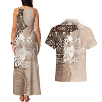 Tonga Ngatu Motifs Couples Matching Tank Maxi Dress and Hawaiian Shirt With Coat Of Arms Beige