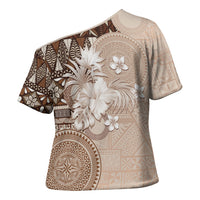 Tonga Ngatu Motifs Cross Shoulder Shirt With Coat Of Arms Beige LT05 - Polynesian Pride