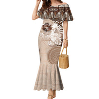 Tonga Ngatu Motifs Family Matching Mermaid Dress and Hawaiian Shirt With Coat Of Arms Beige