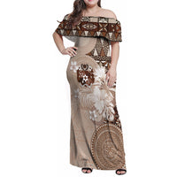 Tonga Ngatu Motifs Family Matching Off Shoulder Maxi Dress and Hawaiian Shirt With Coat Of Arms Beige