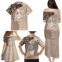 Tonga Ngatu Motifs Family Matching Puletasi and Hawaiian Shirt With Coat Of Arms Beige