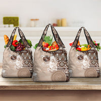 Tonga Ngatu Motifs Grocery Bag With Coat Of Arms Beige LT05 3-pack One Size Beige - Polynesian Pride