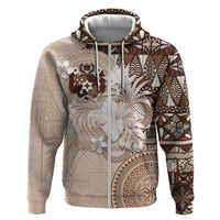 Tonga Ngatu Motifs Hoodie With Coat Of Arms Beige LT05 Zip Hoodie Beige - Polynesian Pride