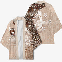 Tonga Ngatu Motifs Kimono With Coat Of Arms Beige LT05 - Polynesian Pride