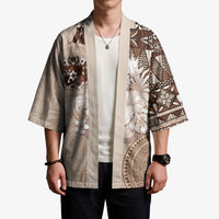 Tonga Ngatu Motifs Kimono With Coat Of Arms Beige LT05 - Polynesian Pride