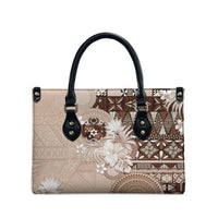 Tonga Ngatu Motifs Leather Bag With Coat Of Arms Beige LT05 - Polynesian Pride