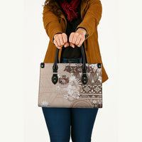 Tonga Ngatu Motifs Leather Bag With Coat Of Arms Beige LT05 - Polynesian Pride