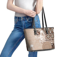 Tonga Ngatu Motifs Leather Tote Bag With Coat Of Arms Beige LT05 - Polynesian Pride