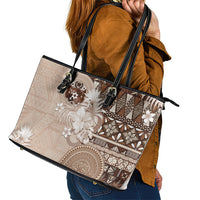 Tonga Ngatu Motifs Leather Tote Bag With Coat Of Arms Beige LT05 - Polynesian Pride