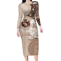 Tonga Ngatu Motifs Long Sleeve Bodycon Dress With Coat Of Arms Beige LT05 Long Dress Beige - Polynesian Pride