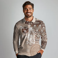 Tonga Ngatu Motifs Long Sleeve Polo Shirt With Coat Of Arms Beige LT05 - Polynesian Pride