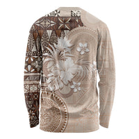 Tonga Ngatu Motifs Long Sleeve Shirt With Coat Of Arms Beige LT05 - Polynesian Pride