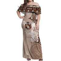 Tonga Ngatu Motifs Off Shoulder Maxi Dress With Coat Of Arms Beige LT05 Women Beige - Polynesian Pride