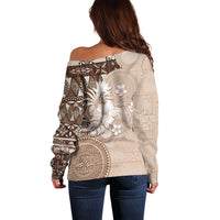 Tonga Ngatu Motifs Off Shoulder Sweater With Coat Of Arms Beige LT05 - Polynesian Pride