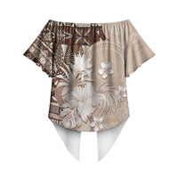 Tonga Ngatu Motifs Off Shoulder Wrap Waist Top With Coat Of Arms Beige LT05 - Polynesian Pride